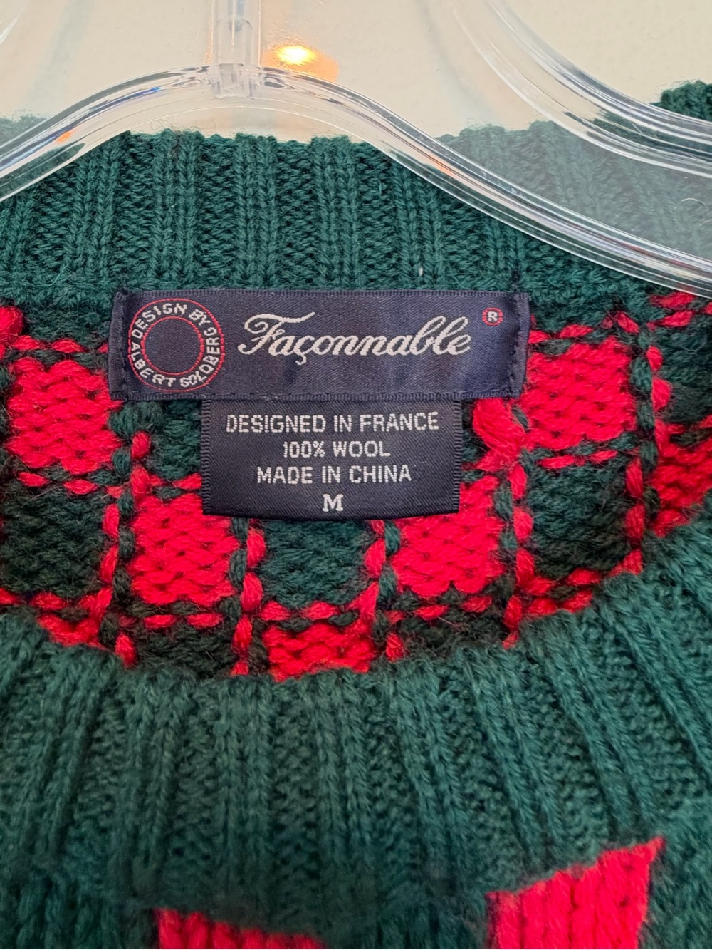Faconnable Heavyweight Wool Red & Dark Green Checkerboard Crewneck Sweater - Picture 3 of 4
